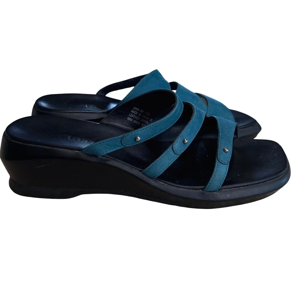 Clarks Womens 8M Teal Blue Leather Triple Strap Wedge Slide Sandals